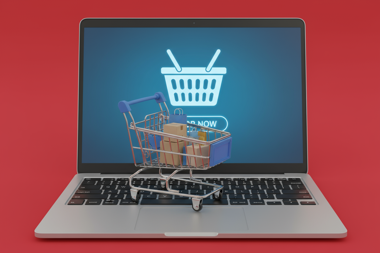 RED background there is a laptop opened with a miniature shopping cart sitting on it 